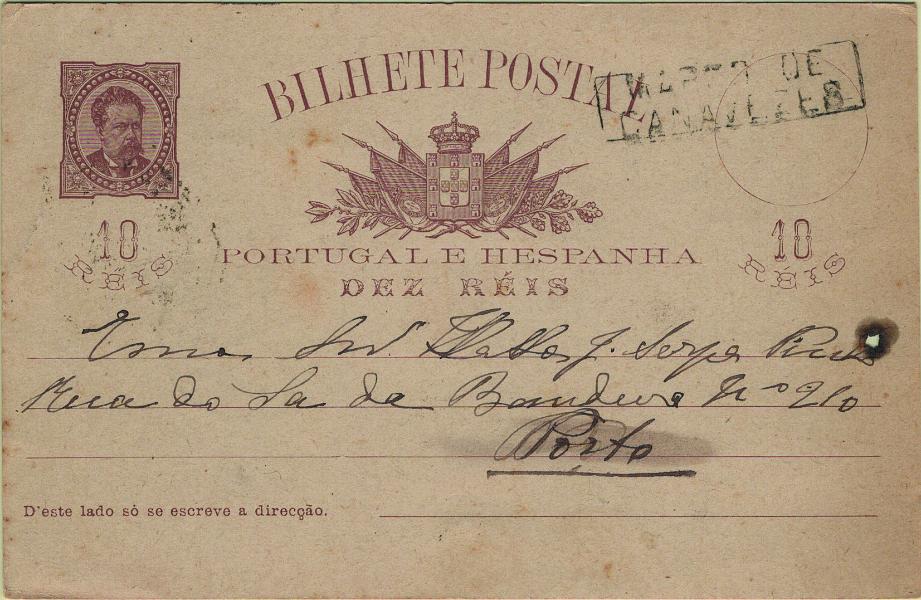 0097.jpg -     Lote:    97            Portugal       Descrição:         1884/87 &mdash; D. Luís I, de frente. OM9b, 10 reis castanho claro em cartolina camurça, com quadrícula no verso, circulado de Marco de Canavezes (10.07.87) para o Porto (10.07.87), obliterado com carimbo nominativo batido a preto "MARCO DE / CANAVEZES".         IC       Valor Base:     &euro; 50,00     Valor Venda:     &euro;      