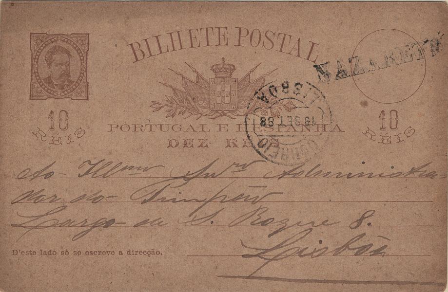 0098.jpg -     Lote:    98            Portugal       Descrição:         1884/87 &mdash; D. Luís I, de frente. OM9e, 10 reis castanho vermelho claro em cartolina camurça, com quadrícula no verso, circulado da Nazareth (18.09.88) para Lisboa (19.09.88), obliterado com carimbo nominativo batido a preto "NAZARETH".         IC       Valor Base:     &euro; 50,00     Valor Venda:     &euro;      