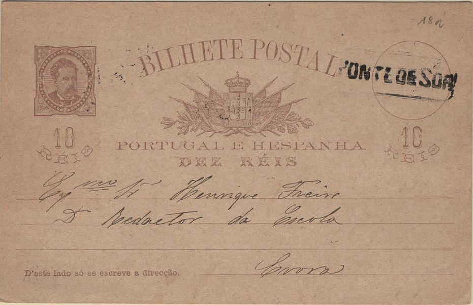 0099.jpg -     Lote:    99            Portugal       Descrição:         1884/87 &mdash; D. Luís I, de frente. OM9f, 10 reis castanho vermelho claro em cartolina camurça clara, sem quadrícula no verso, circulado de Ponte de Sôr (01.12.90) para Évora (02.12.90), obliterado com carimbo nominativo batido a preto "PONTE DE SÔR".         IC       Valor Base:     &euro; 50,00     Valor Venda:     &euro;      