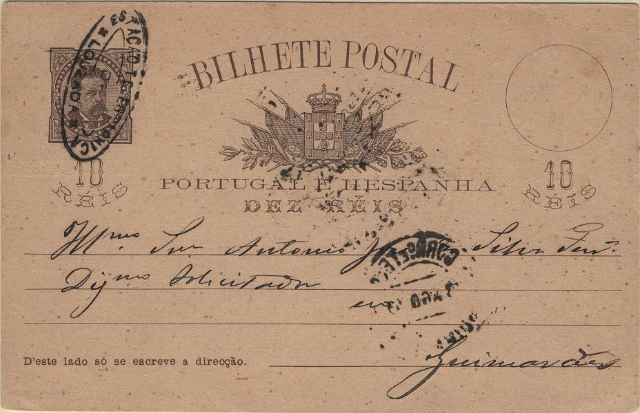 0100.jpg -     Lote:    100            Portugal       Descrição:         1884/87 &mdash; D. Luís I, de frente. OM9, 10 reis castanho sobre cartolina camurça clara circulado de Lousada (13.08.85) para Lisboa (13.08.85) obliterado com carimbo da telegrafia elétrica, batido a preto "ESTAÇÃO TELEGRAPHICA / DE / LOUZADA".         IC       Valor Base:     &euro; 80,00     Valor Venda:     &euro;      