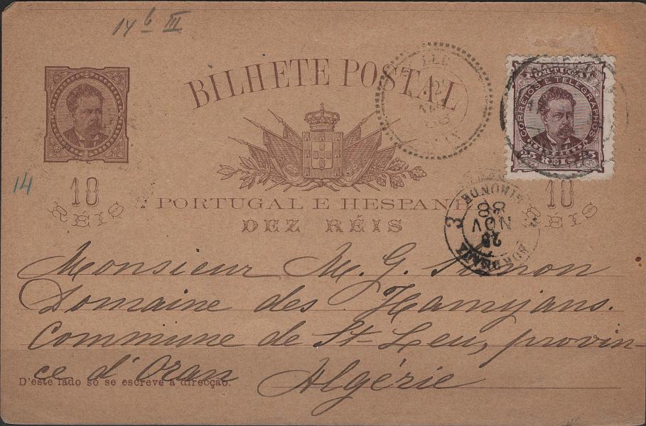 0102.jpg -     Lote:    102            Portugal       Descrição:         1884/87 &mdash; D. Luís I, de frente. OM9c, 10 reis castanho vermelho escuro com quadrícula no verso, sobre cartolina camurça. Circulado de Lisboa (17.11.88) para Argélia (27.11.88) com trânsito por Bordéus (25.11.88) com selo adicional, tipo D. Luís I, de frente, de 25 reis castanho, denteado 11 Ÿ, papel liso, Mf57. Exemplar sem defeitos nem reparações com rara circulação de um inteiro do serviço nacional, no serviço internacional.         IC       Valor Base:     &euro; 40,00     Valor Venda:     &euro;      