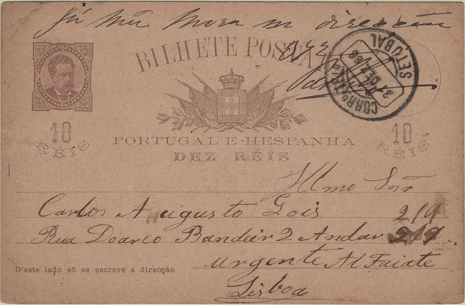 0103.jpg -     Lote:    103            Portugal       Descrição:         1884/87 &mdash; D. Luís I, de frente. OM9e, 10 reis castanho vermelho claro com quadrícula no verso, cartolina camurça. Circulado de Setúbal (31.12.86) para Lisboa (31.12.86), devolvido ao remetente com a menção manuscrita "Já não mora na direcção / ass / Palhares".         IC       Valor Base:     &euro; 15,00     Valor Venda:     &euro;      