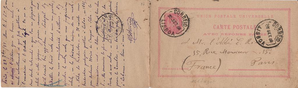 0104.jpg -     Lote:    104            Portugal       Descrição:         1884/87 &mdash; D. Luís I, de frente. OM12, 20+20 reis rosa, cartolina creme. Inteiro completo com as duas folhas, a primeira circulada de Lisboa (20.09.88) para Paris (23.09.88) e a resposta (2.ª folha) circulada de Paris (23.09.88) para Lisboa (26.09.88). MB e MR.         IC       Valor Base:     &euro; 15,00     Valor Venda:     &euro;      