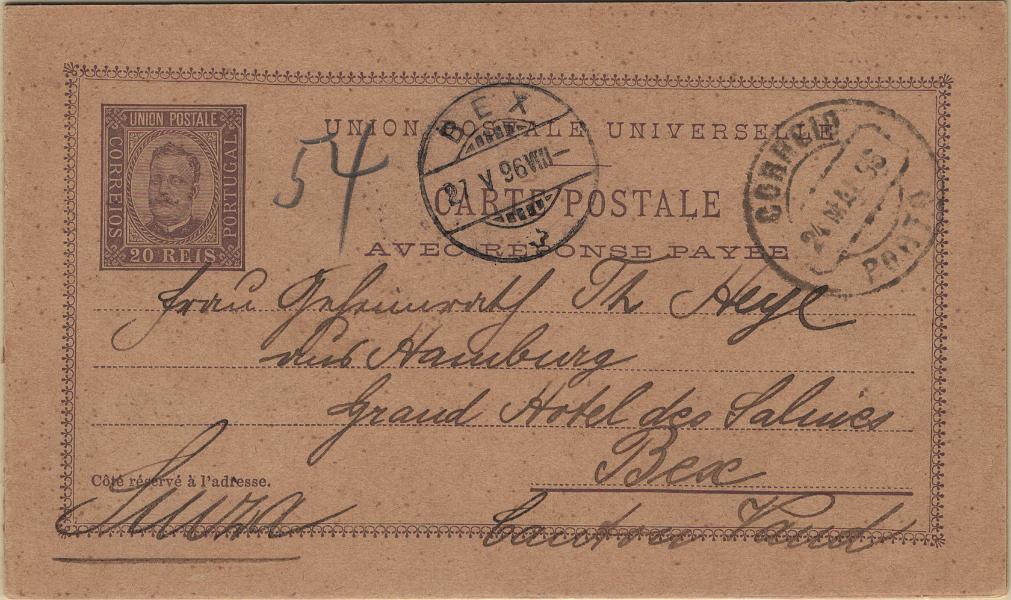 0105.jpg -     Lote:    105            Portugal       Descrição:         1892/95 &mdash; D. Carlos I, tipo Diogo Neto. OM17, 20+20 reis lilás-cinzento. Lote com dois inteiros, um deles em estado de novo e outro com a 1.ª folha circulada do Porto (24.05.96) para a Suíça (27.05.96).         IN/IC       Valor Base:     &euro; 12,00     Valor Venda:     &euro;      