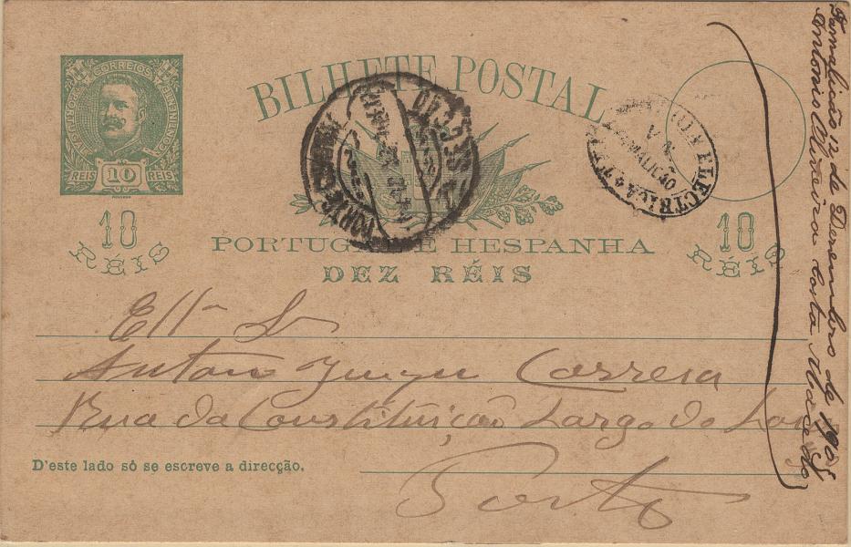 0106.jpg -     Lote:    106            Portugal       Descrição:         1896 &mdash; D. Carlos I Mouchon. OM23, 10 reis. Circulado de Famalicão (12.12.03) para o Porto. Carimbo a preto "TELEGRAPHIA ELECTRICA / V. N. / FAMALICÃO". B e R.         IC       Valor Base:     &euro; 60,00     Valor Venda:     &euro;      