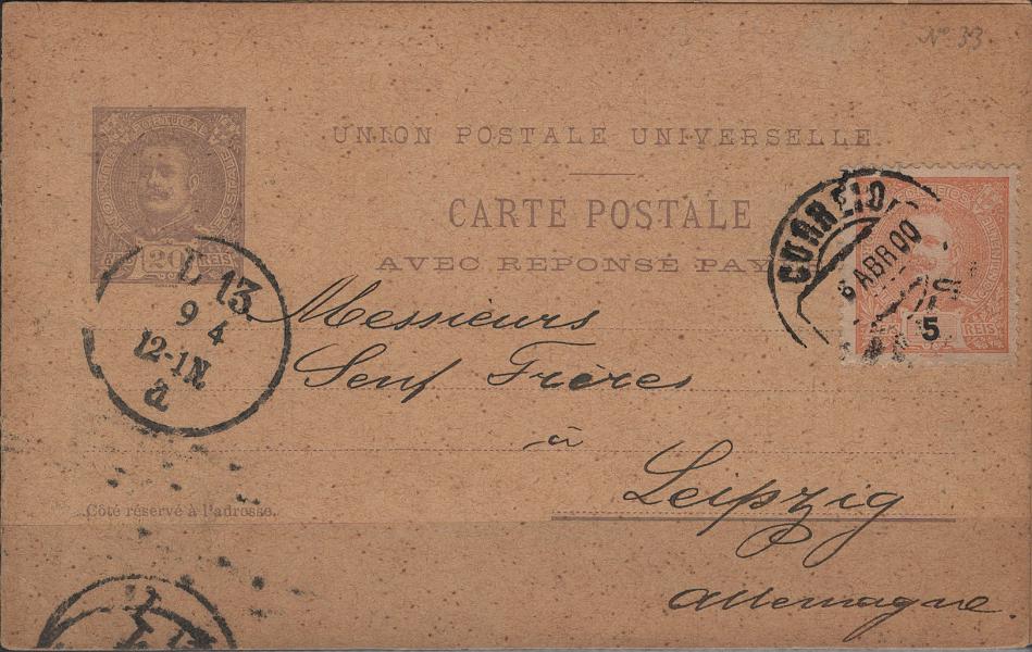 0107.jpg -     Lote:    107            Portugal       Descrição:         1896 &mdash; D. Carlos I Mouchon. OM24, 20 reis violeta-cinzento sobre cartolina camurça. Circulado do Porto (06.04.00) para Leipzig (09.04.00), com selo adicional de 5 reis tipo D. Carlos I Mouchon, Mf127.          IC       Valor Base:     &euro; 20,00     Valor Venda:     &euro;      