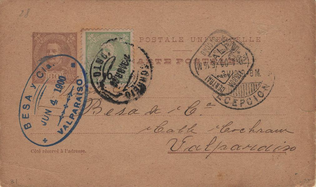 0108.jpg -     Lote:    108            Portugal       Descrição:         1896 &mdash; D. Carlos I Mouchon. OM25, 30 reis castanho sobre cartolina camurça. Circulado do Porto (19.04.00) para Valparaíso (03.08.00) com trânsito por Lisboa (20.04.00) com selo adicional de 10 reis tipo D. Carlos I Mouchon, Mf128.          IC       Valor Base:     &euro; 30,00     Valor Venda:     &euro;      