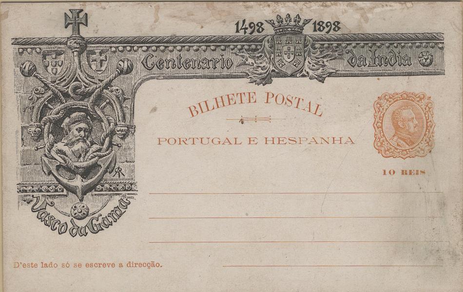 0109.jpg -     Lote:    109            Portugal       Descrição:         1898 &mdash; 4.º Centenário da Descoberta do Caminho Marítimo para a Índia. OM29. Prova de cor em cartolina espessa branca, a preto e bistre claro, com gravura aprovada para os bilhetes postais de 20 reis e legendas e gravura da efígie aprovadas para os bilhetes postais de 10 reis. MB e MR.         PRV       Valor Base:     &euro; 400,00     Valor Venda:     &euro;      