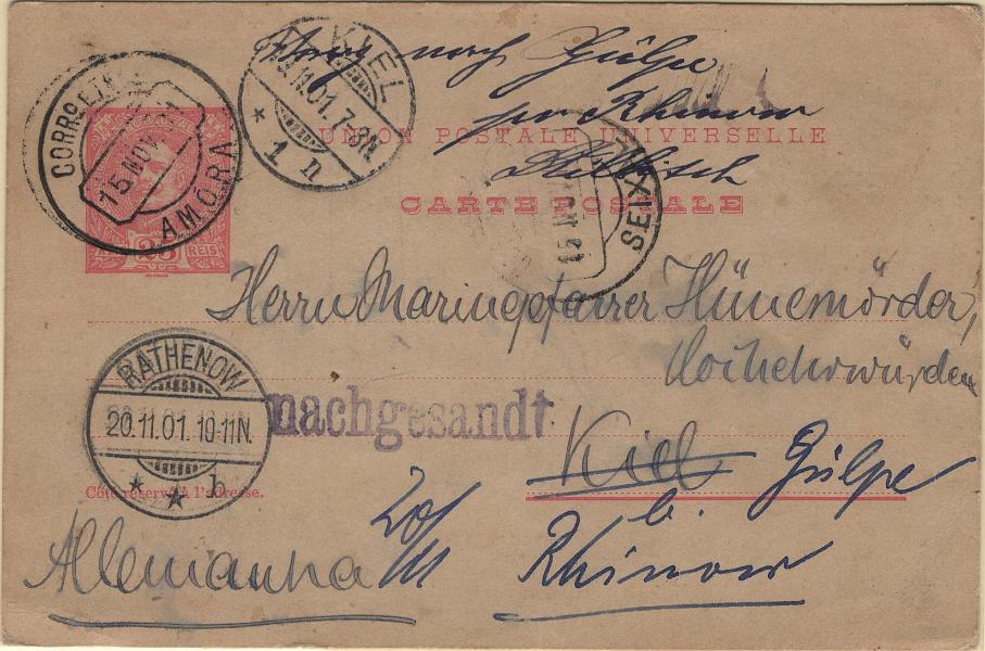 0110.jpg -     Lote:    110            Portugal       Descrição:         1900/04 &mdash; D. Carlos I Mouchon. OM36, 25 reis rosa sobre cartolina camurça, circulado de Amora (15.11.01) para Kiel (19.11.01) e reexpedido para Rathenow (20.11.01), com trânsito por Seixal (15.11.01). Carimbos circulares datados, tipo 1880 de "AMORA" e "SEIXAL". Raridade 10 e 5 respetivamente (Gordon).         IC       Valor Base:     &euro; 10,00     Valor Venda:     &euro;      