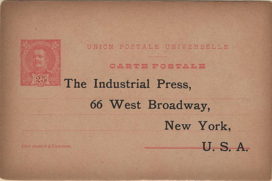 0111.jpg -     Lote:    111            Portugal       Descrição:         1900 &mdash; D. Carlos I, tipo Mouchon. OM36, 25 reis rosa sobre cartolina camurça. Exemplar novo repicado por "THE INDUSTRIAL PRESS / USA".         IN       Valor Base:     &euro; 10,00     Valor Venda:     &euro;      