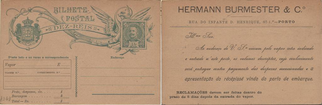 0112.jpg -     Lote:    112            Portugal       Descrição:         1907/08 &mdash; D. Carlos I, tipo Mouchon. OM44a, 10 reis verde-azul escuro sobre cartolina creme. Inteiro postal novo repicado na frente e verso por "HERMANN BURMESTER & C.º. B e R.         IN       Valor Base:     &euro; 10,00     Valor Venda:     &euro;      