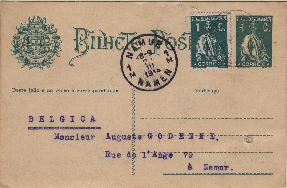 0114.jpg -     Lote:    114            Portugal       Descrição:         1912 &mdash; Ceres, com Escudo nacional à esquerda. OM59c, 1c verde escuro. Circulado de Aljustrel (17.03.14) para Namur / Bélgica (21.03.14) com selo adicional de 1c verde, tipo Ceres, papel porcelana, denteado 15x14, Mf208. Selo impresso no bilhete postal com variedade de cliché não catalogada (traço antes de "1".         IC       Valor Base:     &euro; 20,00     Valor Venda:     &euro;      