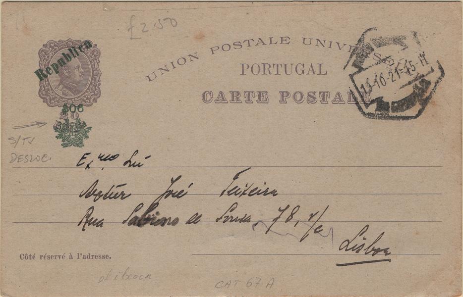0115.jpg -     Lote:    115            Portugal       Descrição:         1921 &mdash; 4.º Centenário da Descoberta da Caminho Marítimo para a Índia. Inteiros de Portugal com sobretaxa. OM67A, $06 s/ 20 reis violeta-cinzento, circulado do Porto (19.10.21) para Lisboa.         IC       Valor Base:     &euro; 10,00     Valor Venda:     &euro;      