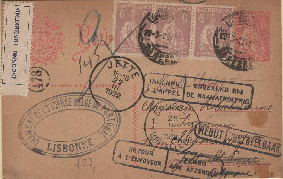0116.jpg -     Lote:    116            Portugal       Descrição:         192&frac12;2 &mdash; Ceres. Amento de porte. OM68, 6c rosa sobre cartolina creme, circulado de Lisboa (20.03.22) para Jette (22.03.22) e reexpedido para Bruxelas (25.03.22) e devolvido ao remetente, com tira de 3 selos adicionais de 6c lilás rosa, denteado 15x14, para pagar o porte simples de bilhetes postais remetidos para o estrangeiro. B e R.         IC       Valor Base:     &euro; 25,00     Valor Venda:     &euro;      