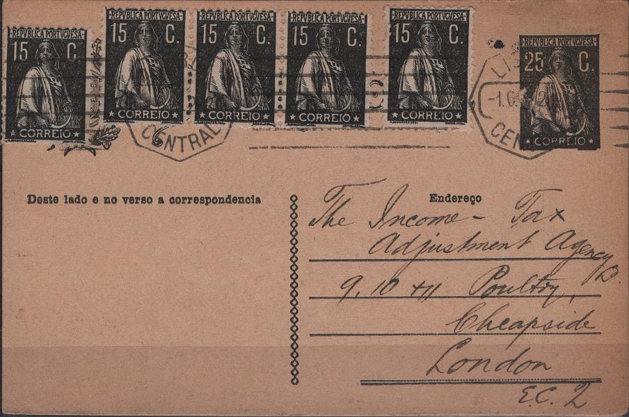 0119.jpg -     Lote:    119            Portugal       Descrição:         1924/26 &mdash; Ceres. OM74b, 25c preto sobre cartolina camurça. Legenda "Endereço". Circulado de Lisboa (01.06.26) para Londres (05.06.26, com selos, tipo Ceres, de 15c preto, Mf253         IC       Valor Base:     &euro; 12,00     Valor Venda:     &euro;      