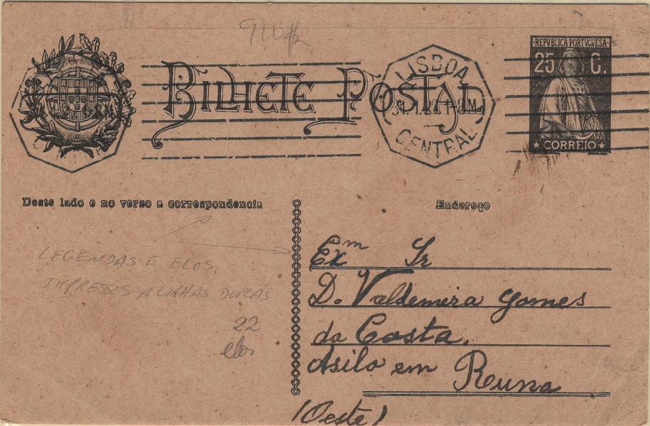0122.jpg -     Lote:    122            Portugal       Descrição:         1924/26 &mdash; Ceres. OM74b, 25c preto sobre cartolina camurça, tipo "Endereço", circulado de Lisboa (31.01.26) para Runa. Variedade LEGENDAS E ELOS EM LINHAS DUPLAS. Variedade não catalogada.         IC       Valor Base:     &euro; 12,00     Valor Venda:     &euro;      