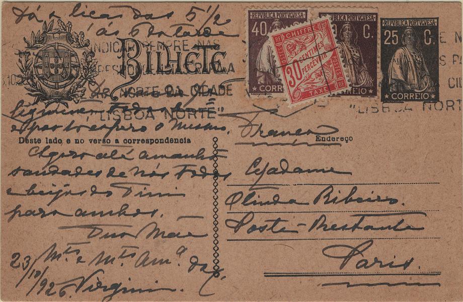 0123.jpg -     Lote:    123            Portugal       Descrição:         1924 &mdash; Ceres. OM74b, 25 reis preto sobre cartolina camurça, legenda "Endereço". Circulado de Lisboa (23.10.26) para a POSTA RESTANTE de Paris, com par de selos de 40c tipo Ceres, Mf283. Pagou à chegada o serviço da posta restante com selo de 30c.         IC       Valor Base:     &euro; 20,00     Valor Venda:     &euro;      