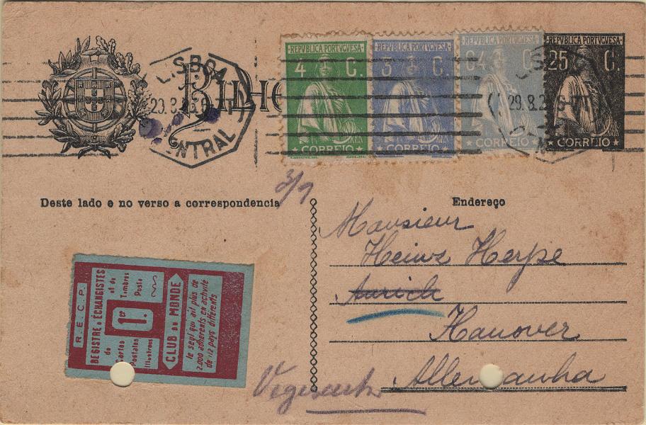 0125.jpg -     Lote:    125            Portugal       Descrição:         1924/26 &mdash; Ceres. OM74b, 25c preto sobre cartolina camurça. Legenda "Endereço". Circulado de Lisboa (29.08.25) para a Alemanha, com selos adicionais tipo Ceres de 4c verde, 3c azul e 64c ultramar, tosos em denteado 12x11 &frac12;, Mf226d, 235 e 285. Exemplar sem reparações com furos de arquivo.         IC       Valor Base:     &euro; 16,00     Valor Venda:     &euro;      