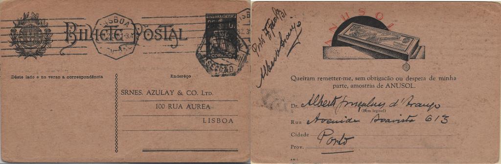 0127.jpg -     Lote:    127            Portugal       Descrição:         1924/26 &mdash; Ceres. OM74, 25c preto sobre cartolina creme, circulado do Porto (07.02.31) para Lisboa (08.02.31). Repicado por "SRNES AZULAY & CO. LTD.".         IC       Valor Base:     &euro; 25,00     Valor Venda:     &euro;      