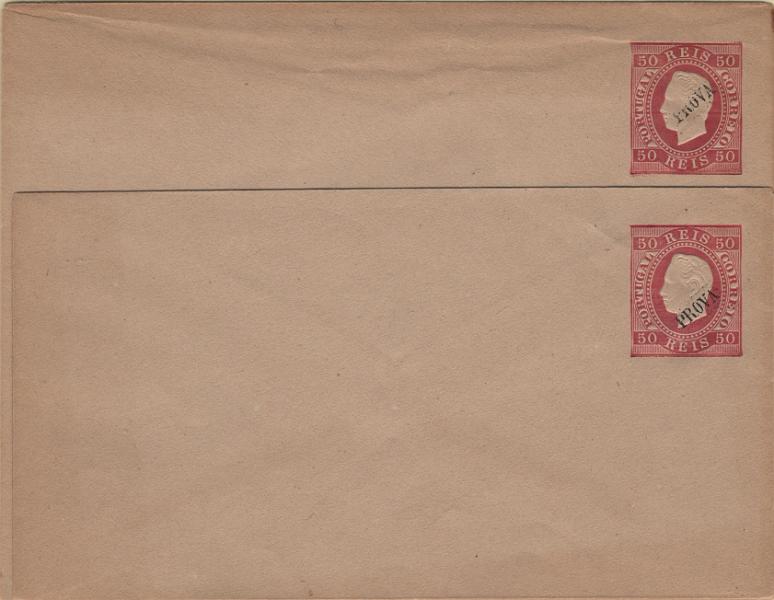 0132.jpg -     Lote:    132            Portugal       Descrição:         1879 &mdash; D. Luís I. Fita direita. Impressão com relevo. Sobrescritos. OM2a, 50 reis, rosa carmim, papel camurça claro, liso, com fios de seda, cunho II, formato C &mdash; grande + OM2a, 50 reis, rosa carmim, papel camurça claro, liso, com fios de seda, cunho II, formato B &mdash; médio. Sobrescritos originais com sobrecarga oblíqua a preto "PROVA" grande, distribuído com as reimpressões de 1885. MB e MR.         IN       Valor Base:     &euro; 25,00     Valor Venda:     &euro;      