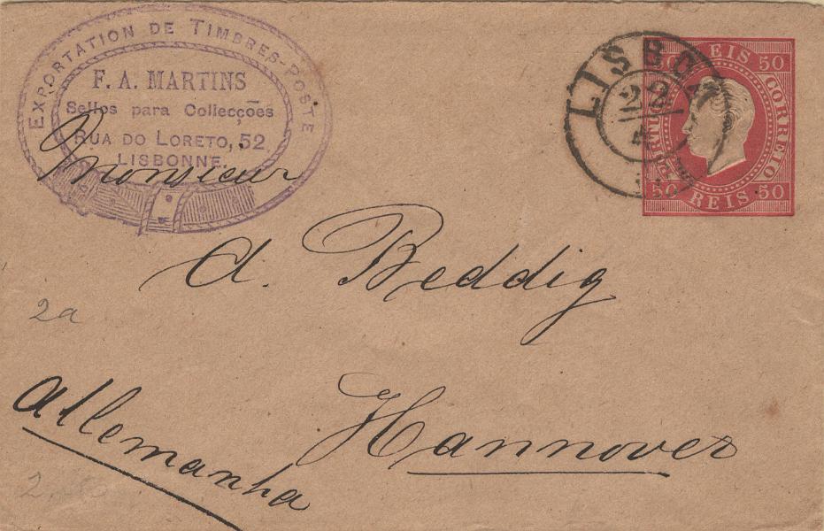 0133.jpg -     Lote:    133            Portugal       Descrição:         1879 &mdash; D. Luís I, fita direita. Impressão em relevo. OM2A, 50 reis rosa, formato pequeno, cunho I, circulado de Lisboa (22.07.81) para Hanover (27.04.81).         IC       Valor Base:     &euro; 80,00     Valor Venda:     &euro;      
