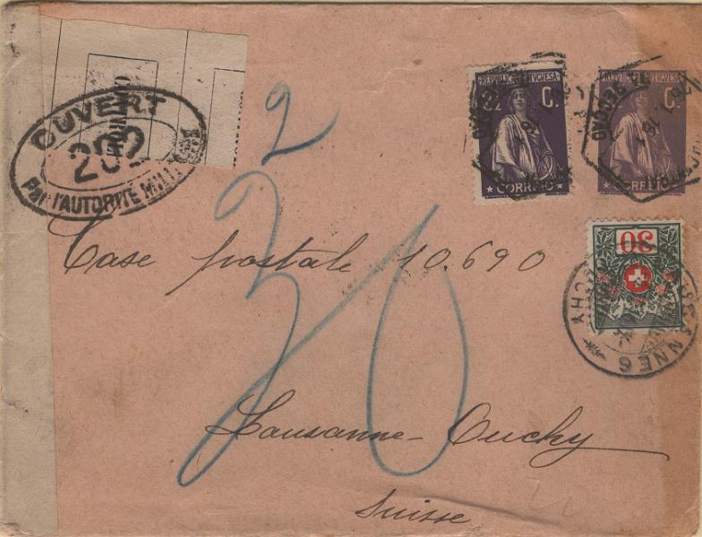 0135.jpg -     Lote:    135            Portugal       Descrição:         1912 &mdash; Ceres. Sobrescritos. OM11, 2 &frac12; c violeta claro sobre papel camurça rosado, corte II, circulado de Lisboa (26.01.16) para a Suíça (01.02.16). Porteado â chegada com selo de 30c. Censurado.         IC       Valor Base:     &euro; 60,00     Valor Venda:     &euro;      