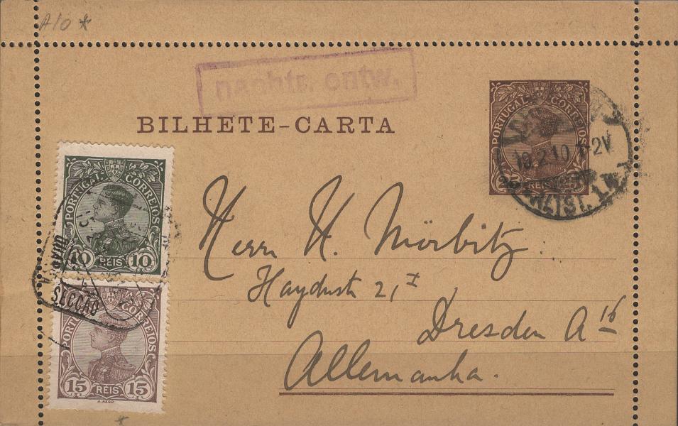 0137.jpg -     Lote:    137            Portugal       Descrição:         1910 &mdash; D. Manuel II. Bilhetes-cartas. OM10a, 25 reis castanho sobre cartolina amarela, perfuração C. Circulado de Lisboa (15.02.10) para Dresden (19.02.10), com selos adicionais de 10 e 15 reis tipo D. Manuel II, Mf 158/59. MB e R.         IC       Valor Base:     &euro; 30,00     Valor Venda:     &euro;      