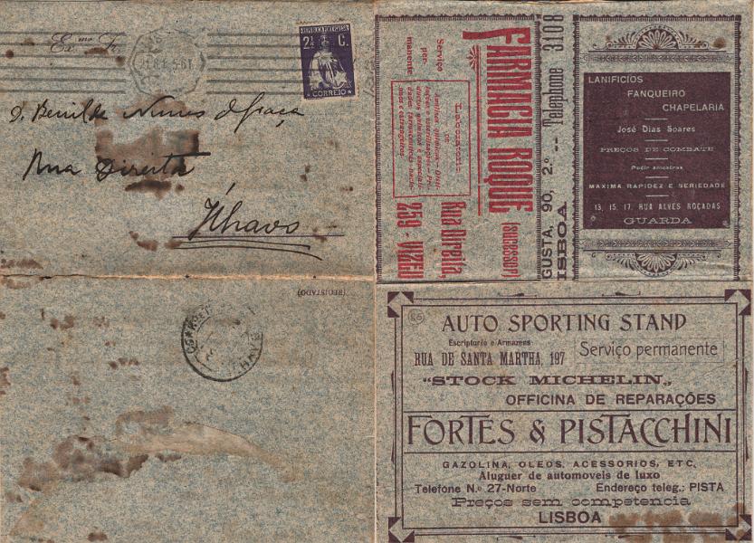 0141.jpg -     Lote:    141            Portugal       Descrição:         1912 &mdash; Ceres. Mf211, 2 &frac12;c violeta, papel porcelana, denteado 15x14 em CARTA POSTAL-SECRETO, série n.º 97, com 3 perfurações de estrela de 5 pontas. Exemplar circulado de Lisboa (21.08.15) para Ílhavo, sem a aba de fecho. Exemplar sem reparações com algumas manchas de tinta de escrever esborratada. MR.         IC       Valor Base:     &euro; 100,00     Valor Venda:     &euro;      