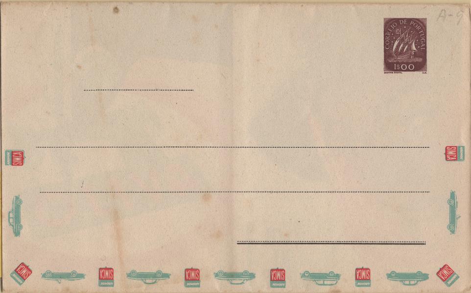 0143.jpg -     Lote:    143            Portugal       Descrição:         1955/57 &mdash; CARTA UNIVERSAL. Bilhetes-postais particulares. Selo tipo Caravela. OM4, 1$00 violeta vermelho. Série A9 com vinheta de 20c das "Obras Sociais dos CTT", incluindo a folha anunciante no interior.         IN       Valor Base:     &euro; 25,00     Valor Venda:     &euro;      