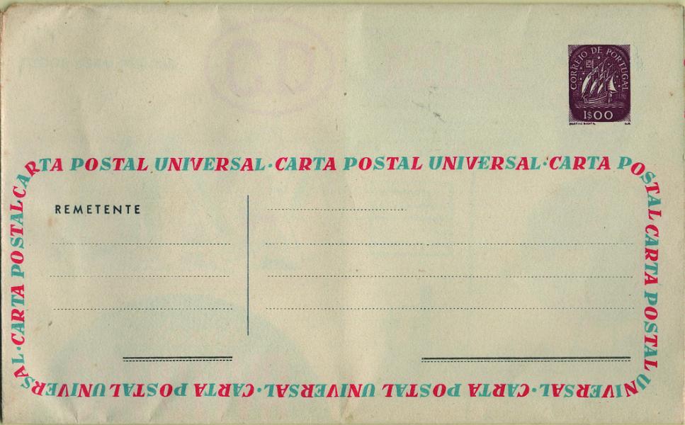 0144.jpg -     Lote:    144            Portugal       Descrição:         1956 &mdash; CARTA UNIVERSAL. Selo de tipo Caravela. OM4, 1$00 violeta-vermelho, série A-11. Exemplar novo, muito bem conservado, sem defeitos nem reparações, incluindo no interior flayer com propaganda às Cartas Universais.          IN       Valor Base:     &euro; 40,00     Valor Venda:     &euro;      