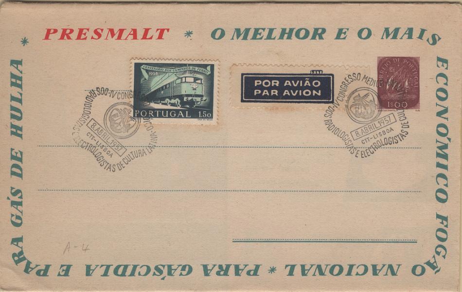 0145.jpg -     Lote:    145            Portugal       Descrição:         1955/57 &mdash; CARTA UNIVERSAL. Com selo tipo Caravela. OM4, 1$00 violeta-vermelho. Série A4 (Outubro de 1955). Nova com selo adicional de 1$50 do Centenário dos Caminhos de Ferro, Mf822, com carimbo comemorativo de cortesia. Emitidos apenas 5.000 exemplares.         IC       Valor Base:     &euro; 40,00     Valor Venda:     &euro;      