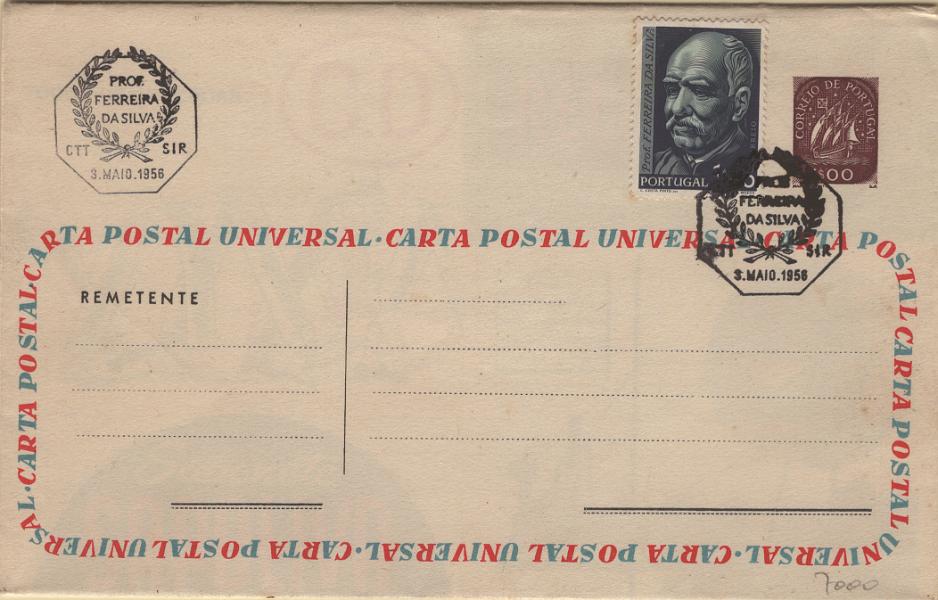 0148.jpg -     Lote:    148            Portugal       Descrição:         1955/57 &mdash; CARTA UNIVERSAL. Com selo tipo Caravela. OM4, 1$00 violeta-vermelho. Série A11 (Março 1956). Nova com selo adicional de 1$00 do Centenário de Ferreira da Silva, Mf819, com carimbo do 1.º dia de circulação, de cortesia. Emitidos apenas 5.000 exemplares.         IC       Valor Base:     &euro; 40,00     Valor Venda:     &euro;      
