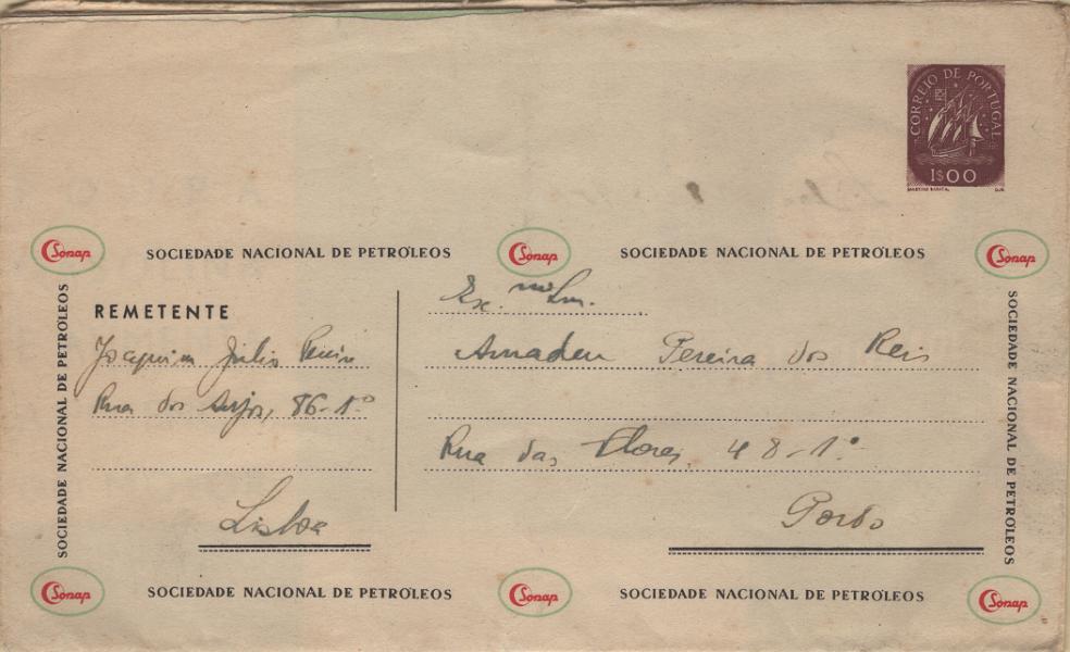 0149.jpg -     Lote:    149            Portugal       Descrição:         1955/57 &mdash; CARTA UNIVERSAL. Com selo tipo Caravela. OM4, 1$00 violeta-vermelho. Série B1 (Maio de 1956). Circulada sem marcas do correio. B e R.         IC       Valor Base:     &euro; 40,00     Valor Venda:     &euro;      