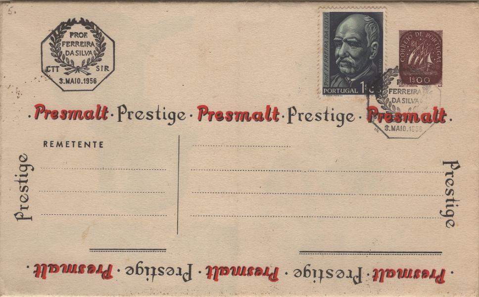 0150.jpg -     Lote:    150            Portugal       Descrição:         1955/57 &mdash; CARTA UNIVERSAL. Com selo tipo Caravela. OM4, 1$00 violeta-vermelho. Série D1 (Março 1956). Nova com selo adicional de 1$00 do Centenário de Ferreira da Silva, Mf819, com carimbo do 1.º dia de circulação, de cortesia. Emitidos apenas 5.000 exemplares.         IC       Valor Base:     &euro; 30,00     Valor Venda:     &euro;      