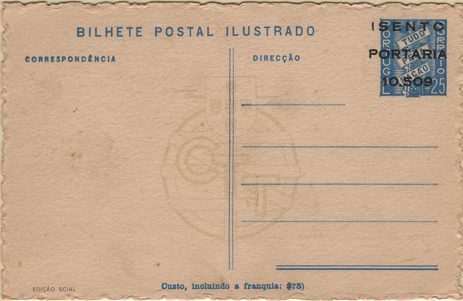 0152.jpg -     Lote:    152            Portugal       Descrição:         1939/45 &mdash; 2.ª Guerra Mundial. Forças Mobilizadas. Bilhetes Postais ilustrados Tudo pela Nação com sobrecarga a preto "ISENTO / PORTARIA / 10509". OM FM2 ($25) azul claro, 2.ª série numerada. N.º 37 &mdash; Viana do Castelo* Capela das Malheiras, com variedade SEM "(" antes de "Custo...". Raro.         IN       Valor Base:     &euro; 16,00     Valor Venda:     &euro;      