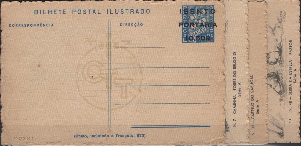 0153.jpg -     Lote:    153            Portugal       Descrição:         1939/45 &mdash; 2.ª Guerra Mundial. Forças Mobilizadas. Bilhetes Postais ilustrados Tudo pela Nação com sobrecarga a preto "ISENTO / PORTARIA / 10509". OM FM2 ($25) azul claro, 2.ª série numerada. Lote com 4 bilhetes postais: n.º 7 &mdash; Caminha * Torre do Relógio + n.º 13 &mdash; Évora * Ermida de S. Braz + n.º 33 &mdash; Castelo de Sabugal + 48 &mdash; Serra da Estrela * Pastor.         IN       Valor Base:     &euro; 18,00     Valor Venda:     &euro;      