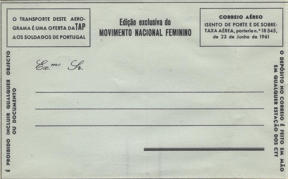0155.jpg -     Lote:    155            Portugal       Descrição:         1968 - Bilhetes cartas isentos de franquia / Correio aéreo (AEROGRAMAS). Emitido pelo Movimento Nacional Feminino. Barreiros 29c, preto sobre azul pálido com filigrana "PACAR" dentro do escudo. Exemplar sem defeitos nem reparações.         IN       Valor Base:     &euro; 25,00     Valor Venda:     &euro;      