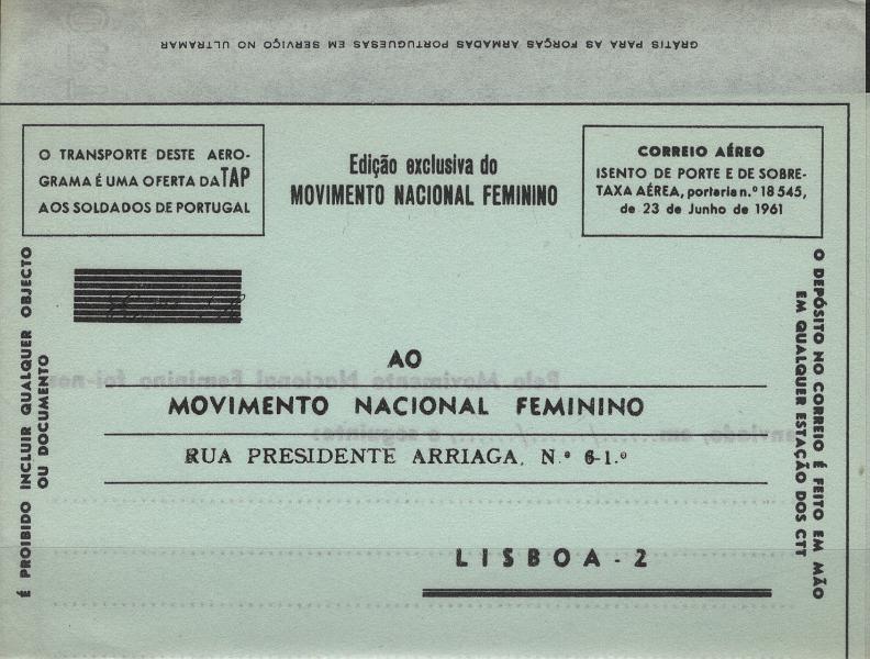 0156.jpg -     Lote:    156            Portugal       Descrição:         1968 - Bilhetes cartas isentos de franquia / Correio aéreo (AEROGRAMAS). Emitido pelo Movimento Nacional Feminino. Serviço Oficial. Barreiros 33a, preto s/ azul pálido e filigrana EXTRA AZENHA, vertical. Exemplar sem defeitos nem reparações.         IN       Valor Base:     &euro; 16,00     Valor Venda:     &euro;      