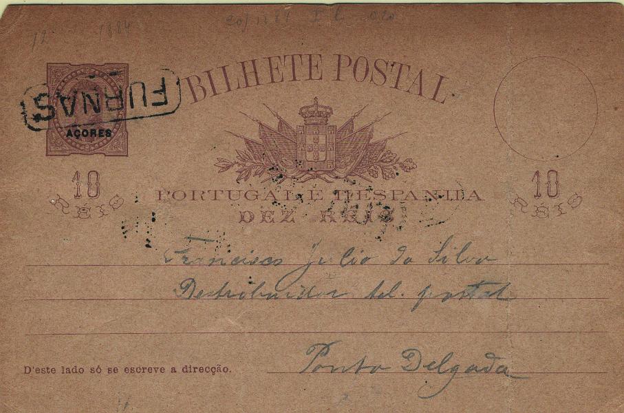 0157.jpg -     Lote:    157            Açores       Descrição:         1884/87 &mdash; D. Luís I, de frente. Bilhetes-postais do Continente com sobrecarga AÇORES tipo IV. OM14, 10 reis castanho-vermelho sobre cartolina camurça, circulado de Furnas (23.05.91) para Ponta Delgada (24.05.91), obliterado com carimbo nominativo batido a preto "FURNAS". Exemplar com dobra vertical.         IC       Valor Base:     &euro; 35,00     Valor Venda:     &euro;      