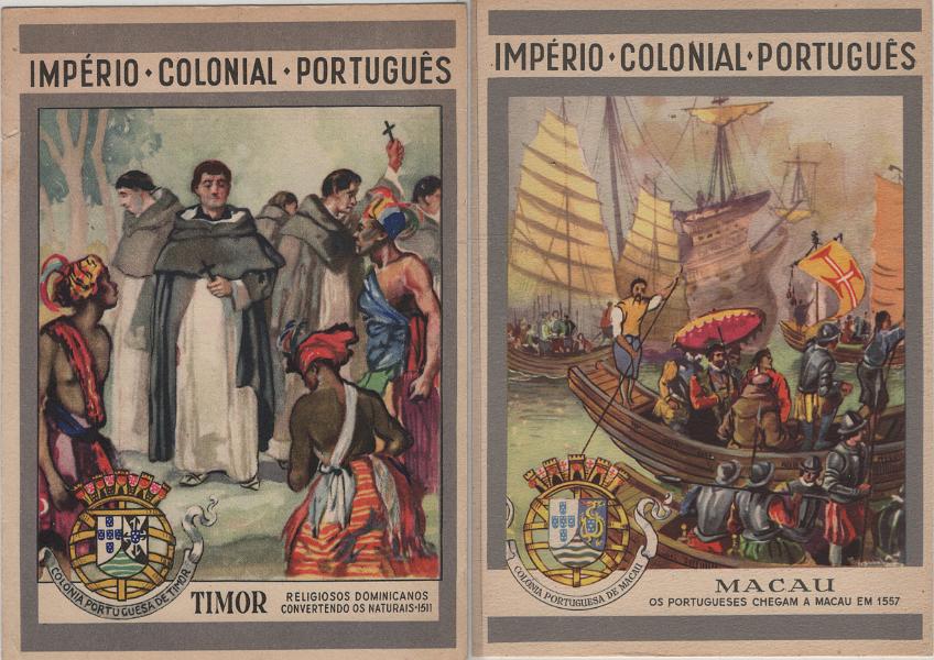 0160.jpg -     Lote:    160            Ultramar       Descrição:         1947 &mdash; Ultramar. Bilhetes-postais de Boas Festas, sem selo impresso. Ilustrados no verso com desenhos de Alberto de Sousa alusivos a factos históricos de cada uma das oito Províncias Ultramarinas e com inscrição IMPÉRIO COLONIAL PORTUGUÊS. OM I/VIII. Série completa com os oito exemplares, bem conservados, sem defeitos nem reparações. MB e R.         IN       Valor Base:     &euro; 50,00     Valor Venda:     &euro;      