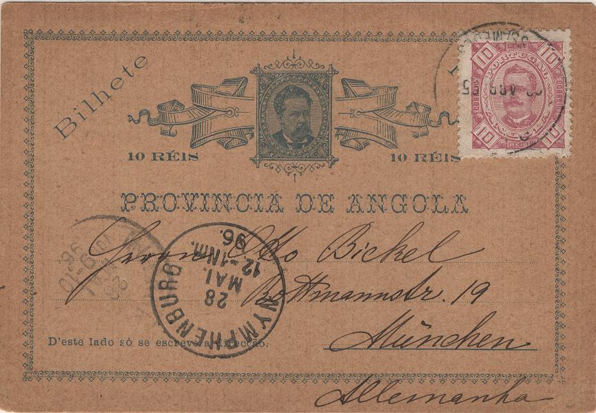 0161.jpg -     Lote:    161            Angola       Descrição:         1886/94 &mdash; D. Luís I + D. Carlos I, tipo Diogo Neto. Inteiro postal de 10 reis azul, sobre cartolina camurça (OM1), circulado de Mossâmedes (??.04.95 &mdash; erro no ano do datador, deveria der 96) para Munique (28.05.96) com trânsito por Lisboa (23.05.96), com selo adicional de 10 reis MF26, para pagar o porte de 20 reis de um bilhete postal de Angola para a Alemanha. Exemplar sem defeitos nem reparações, transportado pelo Paquete ZAIRE. Certificado de peritagem de J. Miranda da Mota.         IC       Valor Base:     &euro; 40,00     Valor Venda:     &euro;      