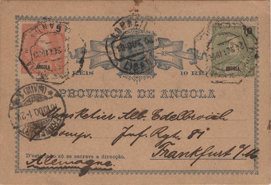 0163.jpg -     Lote:    163            Angola       Descrição:         1886/1898 &mdash; D. Luís I + D. Carlos I Mouchon. Inteiro postal de 10 reis azul sobre cartolina camurça (OM1) circulado de Luanda (24.09.00) para Frankfurt (16.10.00) com trânsito por Lisboa (12.10.00) com selos adicionais de 5 e 10 reis da emissão D. Carlos I, MF39/40, num total de 25 reis, para pagar o porte de 20 reis de um bilhete postal para a Alemanha (excesso de 5 reis). Exemplar sem defeitos nem reparações, transportado pelo Paquete LOANDA. Certificado de peritagem de J. Miranda da Mota.         IC       Valor Base:     &euro; 35,00     Valor Venda:     &euro;      