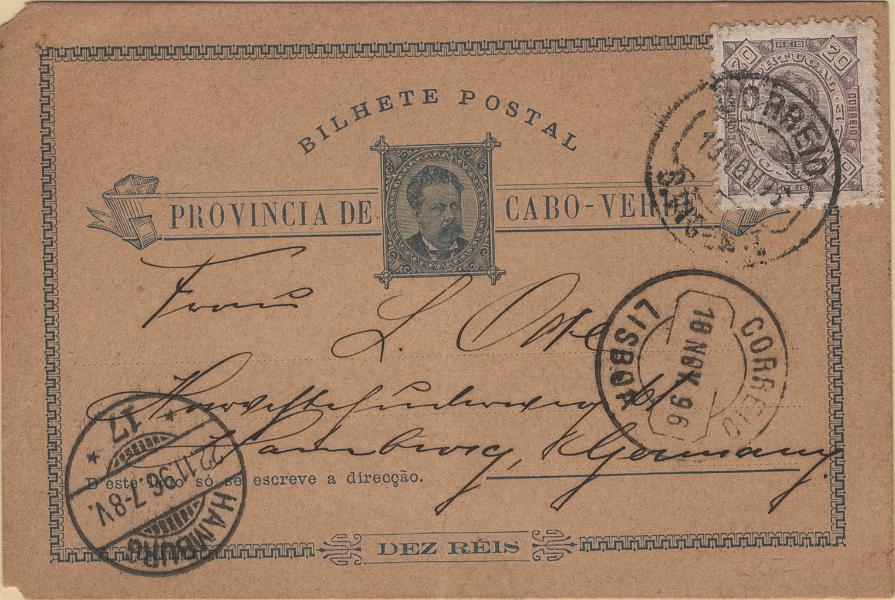 0165.jpg -     Lote:    165            Cabo Verde       Descrição:         1886 &mdash; D. Luís I. OM1, 10 reis azul sobre cartolina camurça, circulado de S. Vicente (13.11.96) para Hamburgo (22.11.96) com trânsito por Lisboa (18.11.96) com selo adicional de 20 reis tipo D. Carlos I, Diogo Neto, Mf28. Exemplar sem reparações, com dobra vertical ao centro e dois cantos curtos. R.         IC       Valor Base:     &euro; 30,00     Valor Venda:     &euro;      