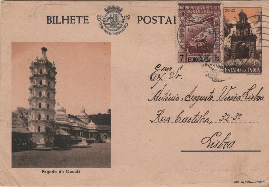 0168.jpg -     Lote:    168            Índia       Descrição:         1946 &mdash; Tipo Motivos históricos. OM42 Dl, 9 reis castanho laranja sobre cartolina creme "Pagode de Queulá" a sépia. Circulado por via aérea para Lisboa (13.07.50). B e R.         IC       Valor Base:     &euro; 15,00     Valor Venda:     &euro;      