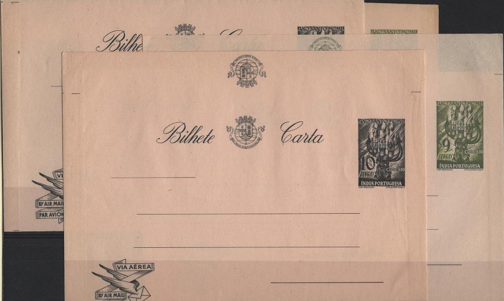 0169.jpg -     Lote:    169            Índia       Descrição:         1950 &mdash; Ano Santo. Bilhetes-cartas do correio aéreo. OM&frac12;, 9 tangas verde-cinzento + 10 tangas cinzento-azul, sobre papel com e sem filigrana "GRAHAMS BOND / REGISTERED". Lote composto por 4 exemplares, incluindo duas séries completas, uma com filigrana e outra sem filigrana         IN       Valor Base:     &euro; 25,00     Valor Venda:     &euro;      