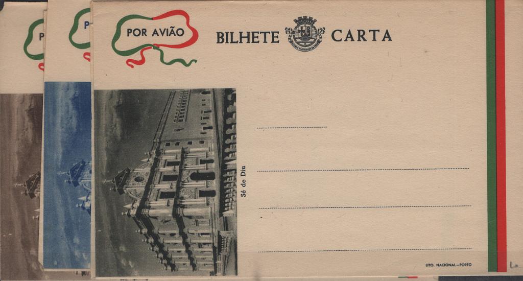 0173.jpg -     Lote:    173            Índia       Descrição:         1946 &mdash; Bilhetes-cartas de correio aéreo, SEM SELO IMPRESSO. Impressos na Litografia Nacional, Porto. Título "BILHETE-CARTA". Lote com 3 exemplares: OM I Dc / Dd / Da &mdash; SÉ DE DIU, nas cores verde negro, azul e sépia.         IN       Valor Base:     &euro; 60,00     Valor Venda:     &euro;      