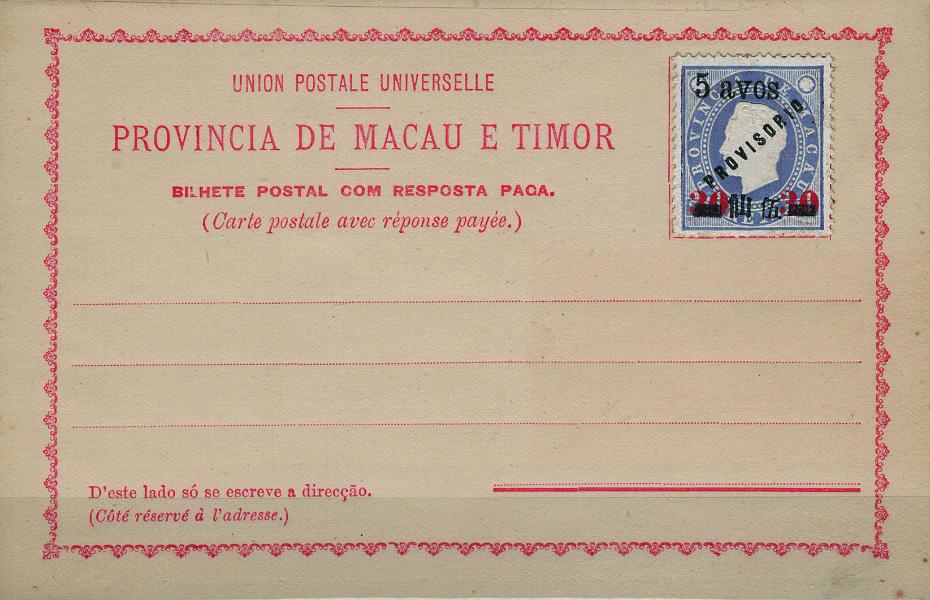 0175.jpg -     Lote:    175            Macau       Descrição:         1894 &mdash; D. Luís I, com sobretaxa. Bilhetes-postais de resposta paga, de fabrico local. OM II, AC, 30+30 / 200+200 reis, lilás, sobretaxa vermelha, com gravura vermelha. Inteiro novo, com selo em denteado 13 &frac12;, papel porcelana MF40 ou YG45B em cada folha. Exemplar com boa cor, sem defeitos nem reparações. MB e R.         IC       Valor Base:     &euro; 60,00     Valor Venda:     &euro;      