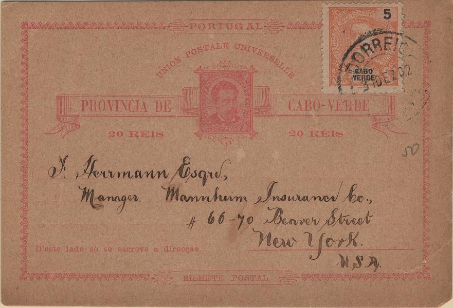 0182.jpg -     Lote:    182            Moçambique       Descrição:         1886 &mdash; D. Luís I. OM2, 20 reis rosa, circulado de S. Vicente (31.12.02) para Nova York (18.01.03) com selo adicional de 5 reis laranja tipo D. Carlos I Mouchon, MF38. Pequeno corte no bordo direito. B e R.         IC       Valor Base:     &euro; 30,00     Valor Venda:     &euro;      