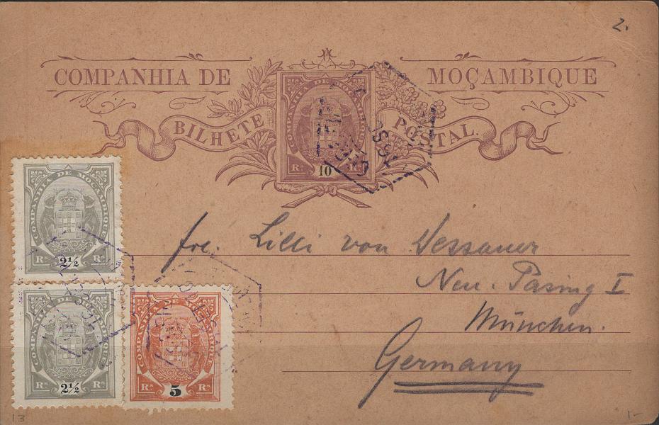 0190.jpg -     Lote:    190            Companhia de Moçambique       Descrição:         1906/07 &mdash; Tipo Elefantes. OM13, 10 reis castanho-vermelho, sobre cartolina camurça, circulado da Beira (16.09.10) para a Alemanha, com selos adicionais de 2 &frac12; reis (2) e 5 reis, Mf 11/12. Exemplar sem defeitos nem reparações.         IC       Valor Base:     &euro; 30,00     Valor Venda:     &euro;      