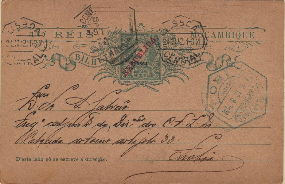 0191.jpg -     Lote:    191            Companhia do Niassa       Descrição:         1912 &mdash; D. Carlos I Mouchon. Bilhetes-postais de Moçambique com sobrecarga REPUBLICA e NYASSA. OM10, 10 reis verde, com 25 mm de alturas das linhas de direção, circulado de Porto Amélia (07.09.12) para Lisboa (21.10.12) com trânsito por Ibo (11.09.12). B e R.         IC       Valor Base:     &euro; 200     Valor Venda:     &euro;      